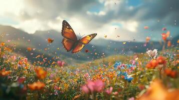 Butterfly flying over a field of flowers photo