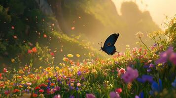 A butterfly flies over a field of flowers photo