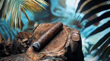 A cigar sitting on top of a tree stump photo