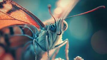 A close up of a butterfly with a blue background photo