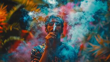 A man smoking a cigarette in front of colorful smoke photo