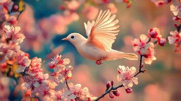 White bird flying over cherry blossoms photo