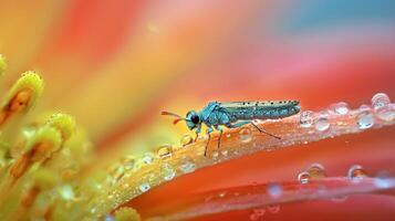 A blue bug sitting on a flower with water droplets photo