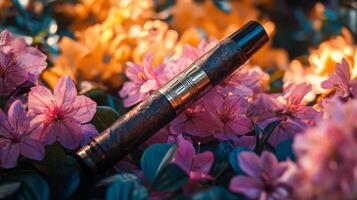 A black and gold pipe sitting on top of some flowers photo