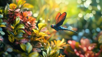 A colorful butterfly flying over a lush green field photo