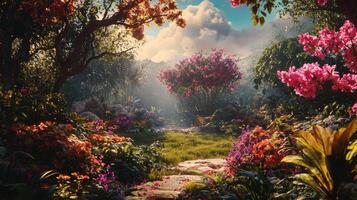 A beautiful garden scene with flowers and trees photo