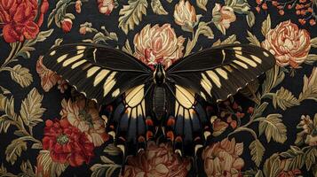 A butterfly is sitting on a floral patterned wall photo