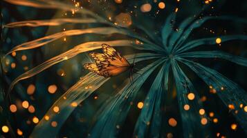 A butterfly is sitting on a leaf in the dark photo
