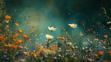 Flowers in a field with a blue sky and green grass photo