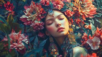 A woman with flowers in her hair and a flower crown photo