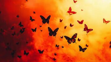 Butterflies flying in the sky with a red sky photo