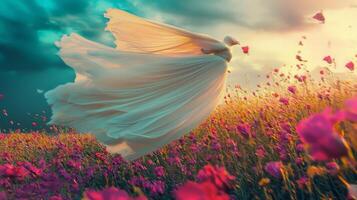 A woman in a white dress flying through the air photo