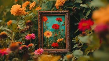 A frame with flowers in it on a green field photo