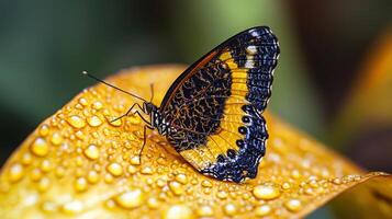 A butterfly sits on a leaf covered in water droplets photo