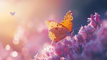 A butterfly is sitting on a purple flower photo