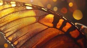 A close up of a butterfly wing with a sun shining photo