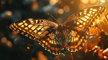 un mariposa es sentado en un hoja con luz de sol brillante en eso foto