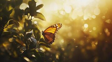 A monarch butterfly is sitting on a leaf in the sun photo