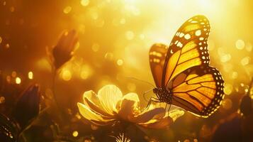 A butterfly is flying over a flower in the sun photo