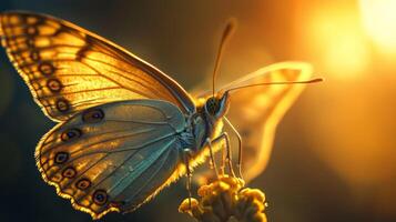 A butterfly is sitting on a flower with the sun shining photo