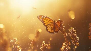 A monarch butterfly is flying through the air in front of a field of flowers photo