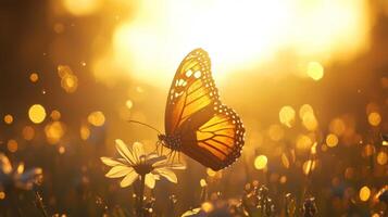 A butterfly is flying over a flower in the sun photo