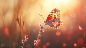 A butterfly is flying over a field with sun rays photo