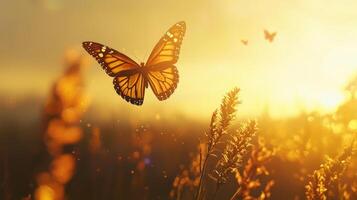 Butterfly flying in the sunset photo