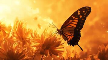 A butterfly is flying over a field of flowers photo