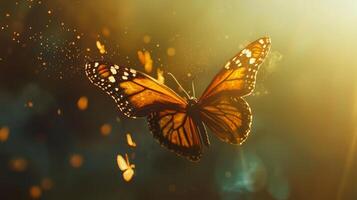 A butterfly is flying in the air with a sun shining photo