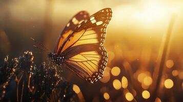 A butterfly is sitting on a plant in the sun photo