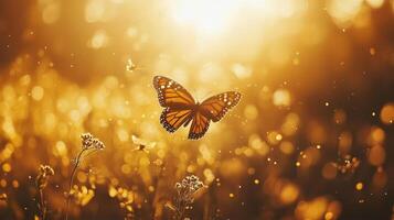 A butterfly flying over a field of flowers photo