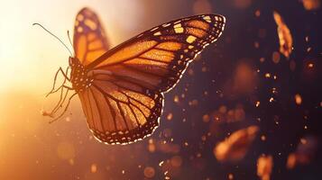 A butterfly is flying in the air with the sun shining photo