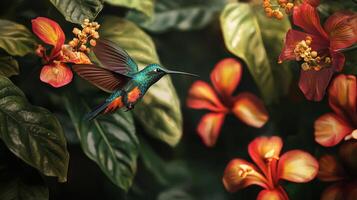 A hummingbird flying over a flower photo