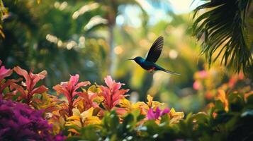 A hummingbird flying over colorful flowers photo
