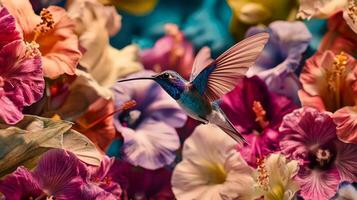 A hummingbird flying through a colorful flower arrangement photo