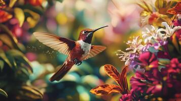 A painting of a hummingbird flying through a field of flowers photo