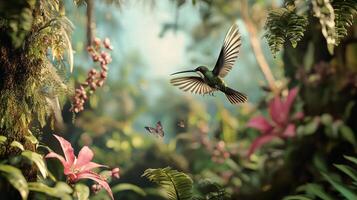 A hummingbird flying through a tropical forest photo