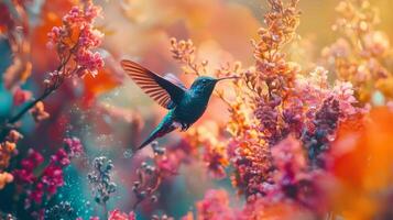 A hummingbird flying through a field of colorful flowers photo