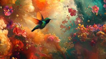 A colorful painting of a hummingbird flying through a colorful flower field photo