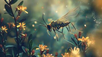 A wasp is flying over flowers in the grass photo