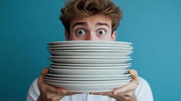Young man hiding behind a stack of plates with a surprised expression on blue background photo