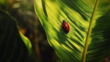 A ladybug on a leaf in the sun photo