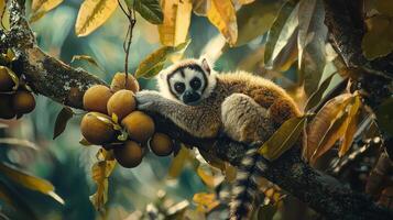 A lemur is sitting on a branch with some fruit photo