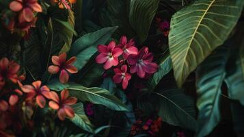 Tropical flowers and leaves in the jungle photo