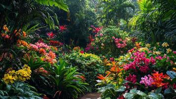 A path through a tropical garden with lots of flowers photo