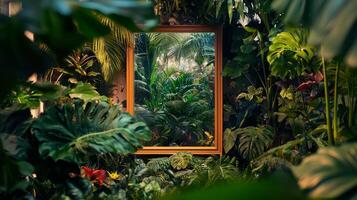 A window in a jungle filled with plants and trees photo