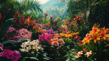 A tropical garden with many different types of flowers photo