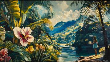 A painting of a woman walking along a river with flowers photo