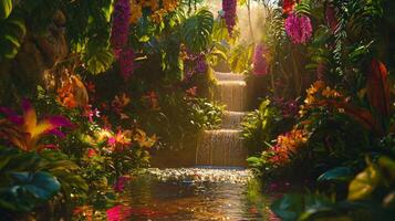A tropical garden with waterfalls and flowers photo
